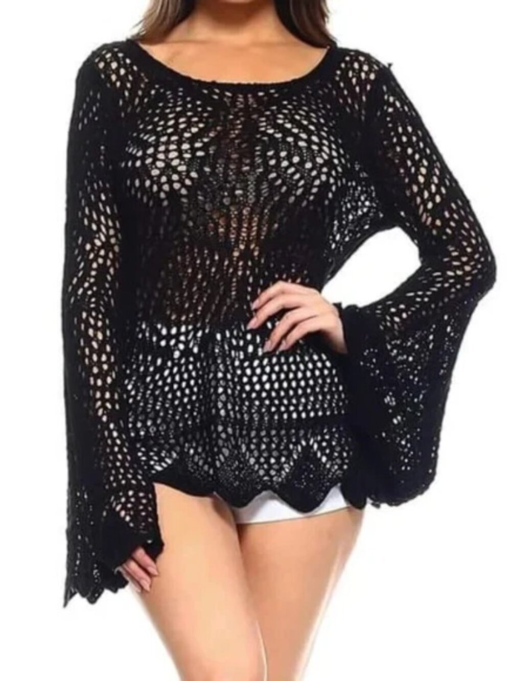 Long Flare Sleeve Open Knit Crochet Hollow Out Black Pullover Blouse Top